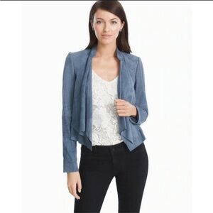 White House Black Market soft blue genuine leather suede open front jacket